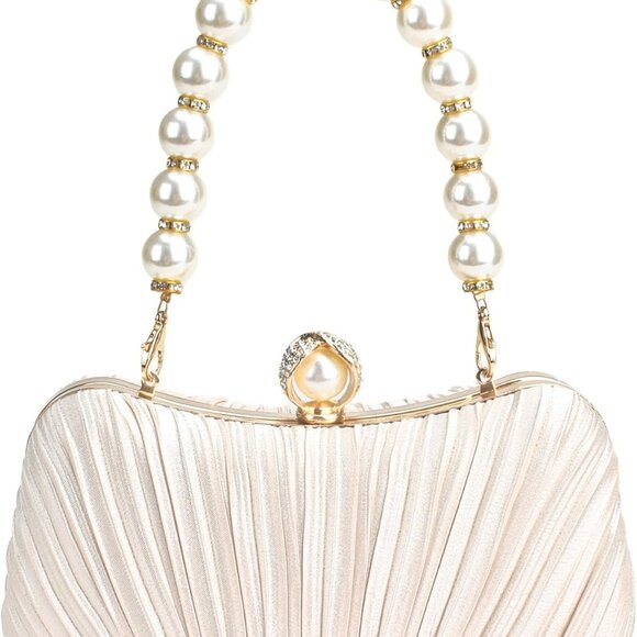 Satin Pearl Evening Clutch Purse Shoulder Bag with Chain and Pearl Accents - Picture 1 of 8